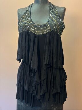 Y2K Flapper Style Beaded Sequin Ruffle Racerback Tank Top Size Small Party Top